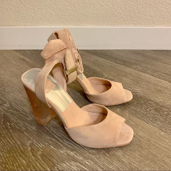Dolce Vita Peach Nude Genuine Suede Leather Acrylic Clear Lucite Heel Sandals - Picture 6 of 12